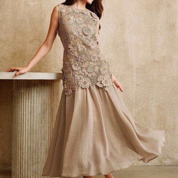 Khaki Elegant Women's Holiday Hollow Flower Patchwork Chiffon Dress - Picture 6 of 7